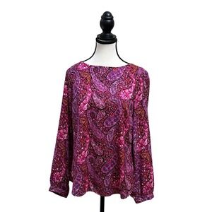 Ann Taylor Women's Paisley Print Long Sleeve Boat‎ Neck Blouse Top Size 10